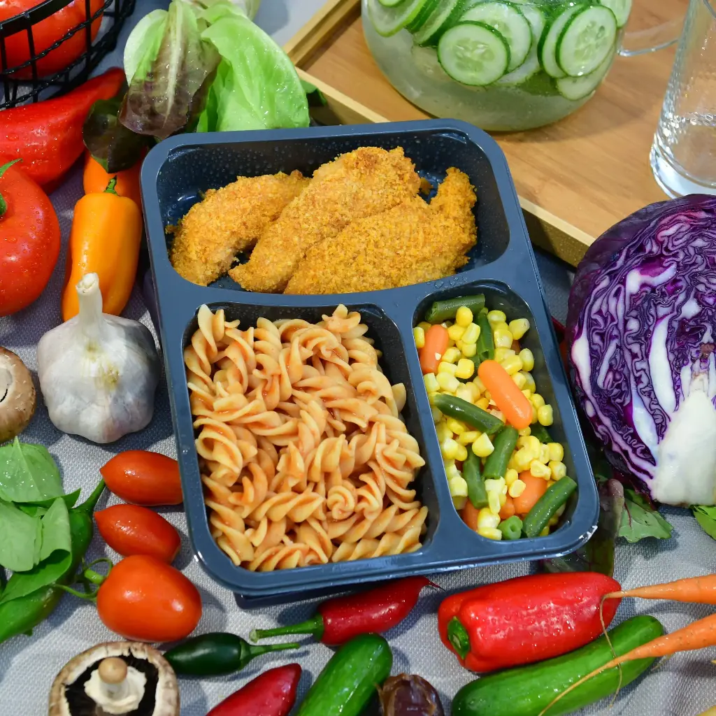 [KK054] שניצל, פסטה ברוטב עגבניות ולקט ירקות